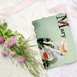 Carte postale nom fraise, Mary, modèle toile, impression numérique, correspondants, courrier, Cottagecore, fraises, modifiable, 5,5 x 4,25 pouces