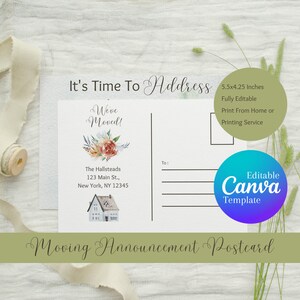 Trio de cartão postal de anúncio de mudança, modelo Canva editável, impressão digital, mudança de endereço, aquarela, Boho, estacionário, 5,5 por 4,25