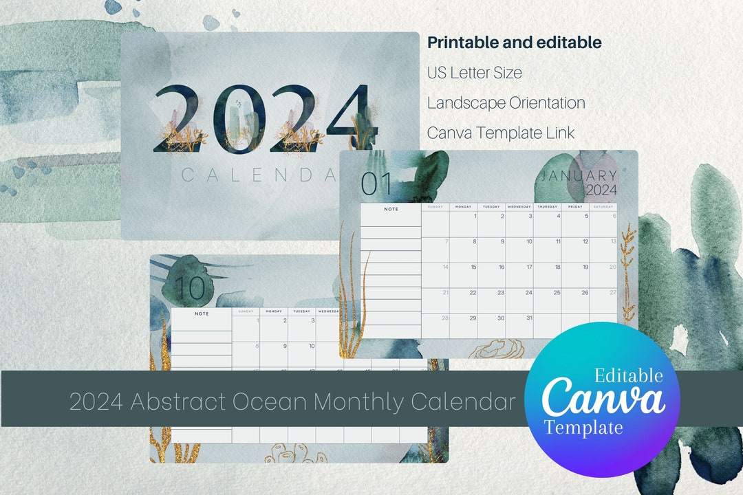2024 Abstract Ocean Monthly Calendar Canva Template - Etsy