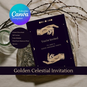 Golden Celestial Party Invitation, Editable Canva Template, Front and Back Design, 5 Inches by 7 Inches, Print From Home, Digital Download