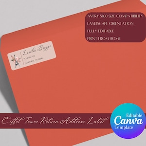 May include: A rectangular return address label with a pale pink background featuring a small Eiffel Tower illustration with floral accents. The label displays the name Lorelai Briggs and a Nashville, TN address. Text includes Avery 5160 size compatibility, landscape orientation, fully editable, and print from home.