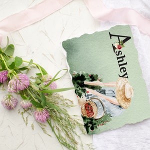 Carte postale fraise « A », modèle sur toile, courrier personnalisable, papeterie personnalisée