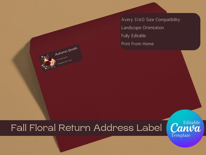 Fall Floral Return Address Label, Avery 5160 Compatible, Editable Canva
