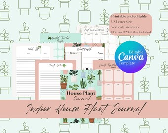 House Plant Journal, Mint & Rose, Editable Canva Template (Digital Download)