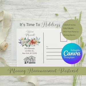Duo de cartão postal de anúncio de mudança, modelo Canva editável, impressão digital, mudança de endereço, aquarela, Boho, estacionário, 5,5 por 4,25