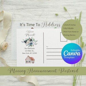 Cartão postal de anúncio de mudança, modelo Canva editável, impressão digital, mudança de endereço, aquarela, Boho Chic, estacionário, 5,5 por 4,25
