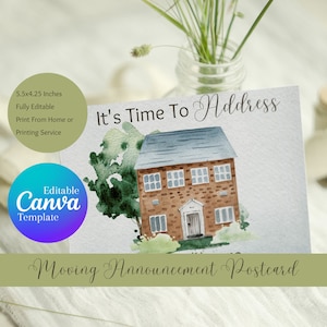 Cartão postal de anúncio de mudança engraçado, mudança de endereço, modelo editável do Canva, download digital, papel de carta personalizado, mudamos