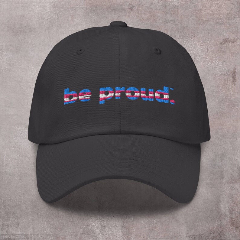 May include: Black baseball cap with the text "be proud." embroidered in blue, pink, and white stripes.