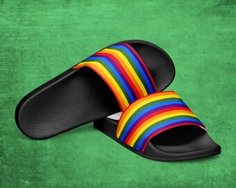 Women&#39;s Rainbow Striped Slide Sandals | Gay Lesbian Pride Slides for Summer | LGBTQ Slip-on Shoes for Pool Beach | Coming Out Gift for Her