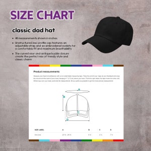 May include: Size chart for a classic dad hat with measurements in inches. The hat is black and unstructured with an adjustable strap and six embroidered eyelets. The curved visor and antique buckle closure are highlighted.