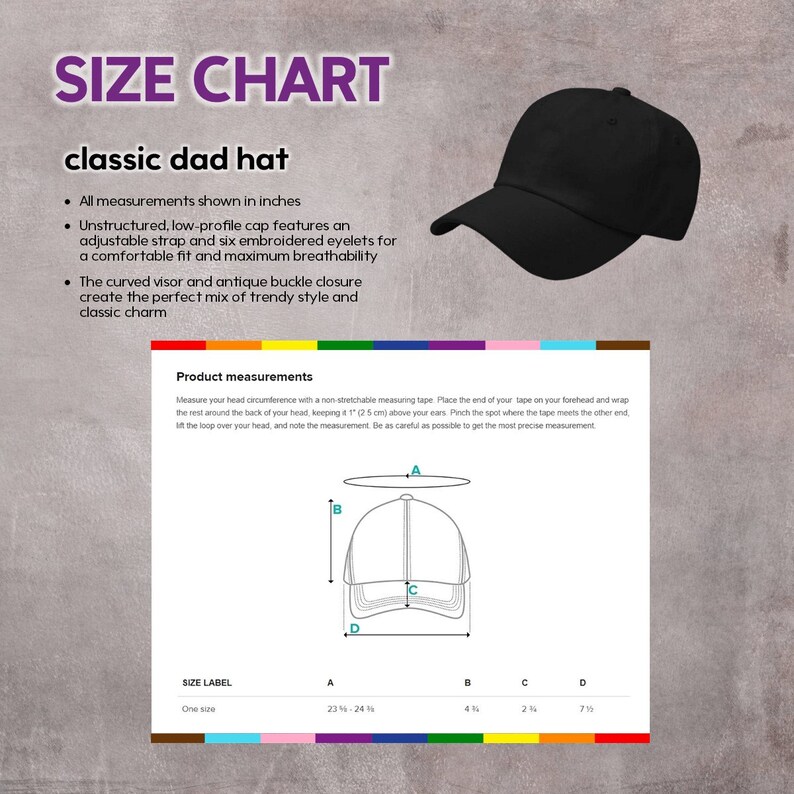 May include: Size chart for a classic dad hat with measurements in inches. The hat is black and unstructured with an adjustable strap and six embroidered eyelets. The curved visor and antique buckle closure are highlighted.