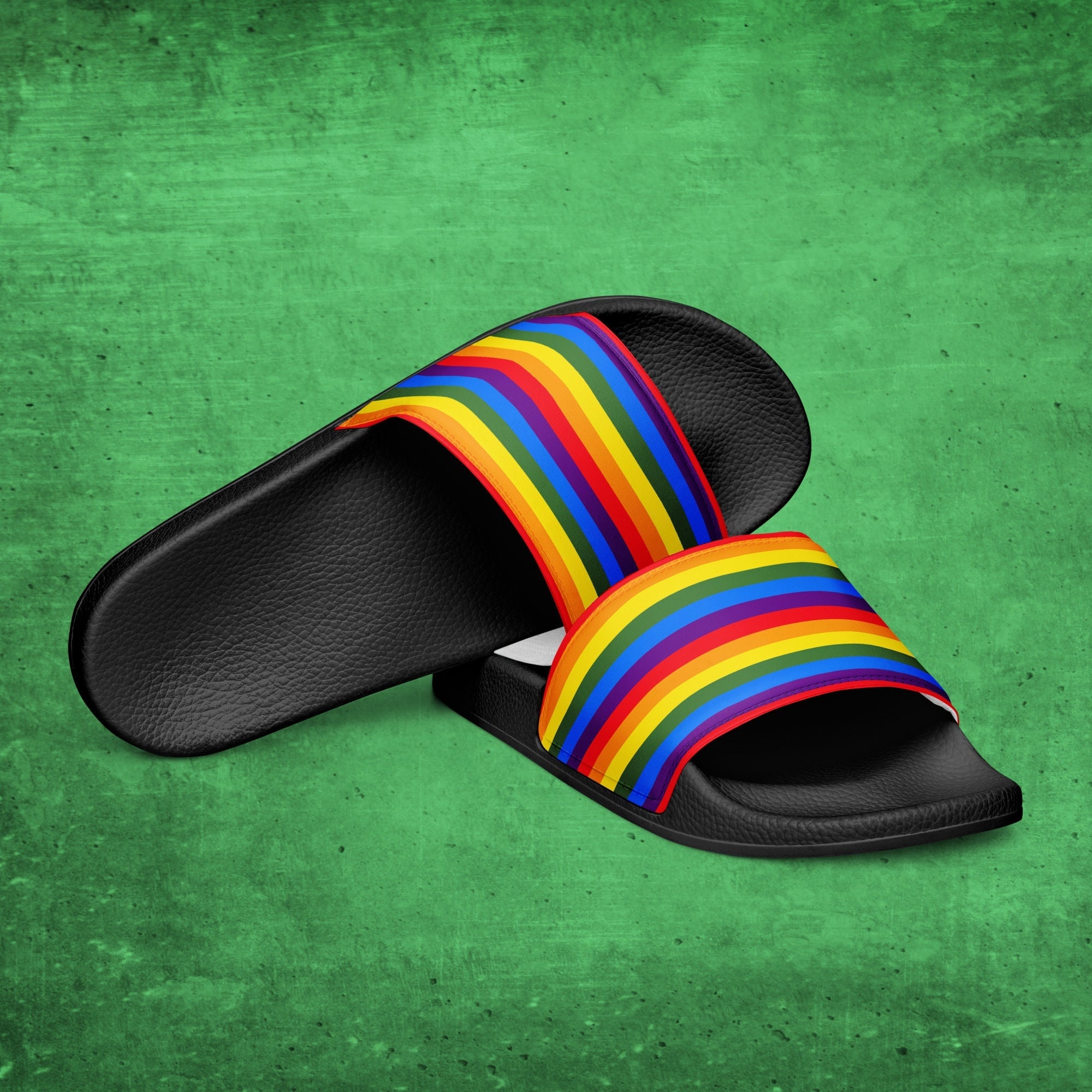 Men's Rainbow Striped Slide Sandals | Gay Lesbian Pride Slides for Summer | LGBTQ Slip-on Shoes for Pool Beach | Coming Out Gift for Him