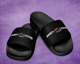 Men's QMUNITY COUTURE Designer Logo Slide Sandals | LGBTQ Pride Slip-on Shoes for Pool & Beach | Comfy Summer Fashion Slides for Men