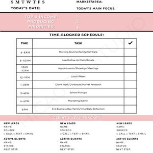 May include: A daily real estate planner for 2026 with sections for daily tasks, priorities, and client tracking. The planner includes a time-blocked schedule, marketing and visibility notes, and a section for affirmations. The design is primarily white and pink.