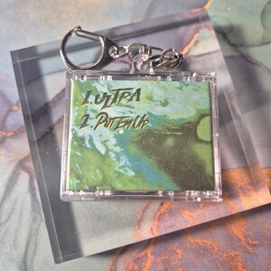Peut inclure: Porte-cl&eacute;s en plastique transparent avec un anneau et une cha&icirc;ne en m&eacute;tal argent&eacute;. Le porte-cl&eacute;s pr&eacute;sente un motif abstrait vert et bleu avec le texte "1. ULTRA" et "2. PUTTEM UP" en lettres dor&eacute;es.