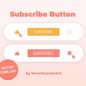 May include: Two white buttons with rounded corners, one with the text "SUBSCRIBE" in orange and the other with the text "SUBSCRIBED" in red. Both buttons have a thumbs up icon and a bell icon. The buttons are on a pink background with a grid pattern.