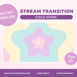 May include: A digital graphic with a pastel star design in shades of pink, yellow, and blue. The text "STREAM TRANSITION GOLD STARS" is displayed above the star graphic. Additional text includes "INSTANT DOWNLOAD" and "READY TO USE". The image is an animated transition preview.