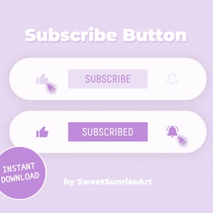 May include: Purple and white digital button with the text "Subscribe" and "Subscribed" on a light purple background with a grid pattern. The button has a thumbs up icon and a bell icon.