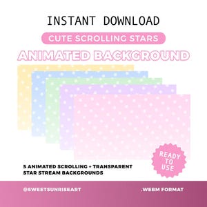 Pode incluir: Download digital com cinco fundos animados de fluxo de estrelas em cores pastel: amarelo, azul, verde, lilás e rosa. Cada fundo tem um padrão de estrelas brancas. O texto diz "Download instantâneo" e "Cute Scrolling Stars".