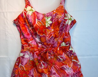 Vtg 1960s Miss Hawaii Pinup Swimsuit Romper Bathing Bombshell Red Pink Floral