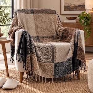 Luxury Black Boho Chenille Throw Blanket with Tassels, Jacquard Woven Bed Throw, Sofa Couch Blanket , Bohemian Home Decor , Christmas Gift