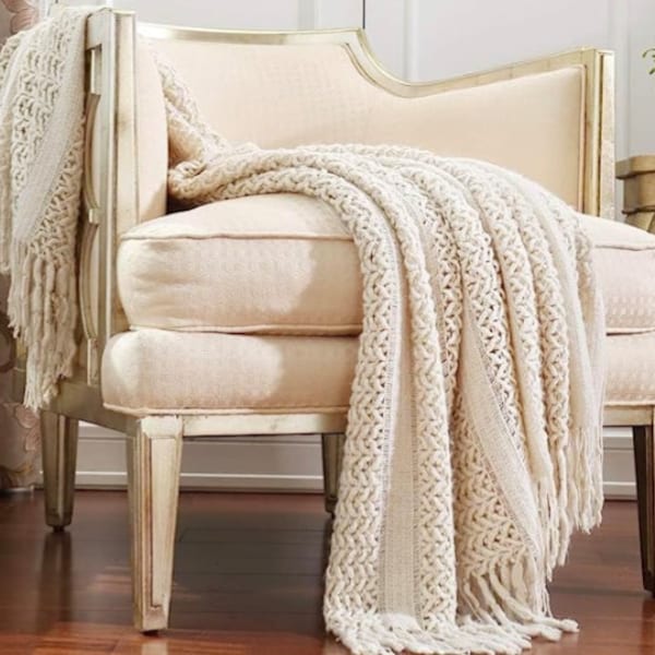 Knitted BEIGE Throw Woven Couch Throw Soft Cosy Bed Armchair Blanket Comfy Hand Knitted Throw Gifts Christmas GiftGifts for Her/Him
