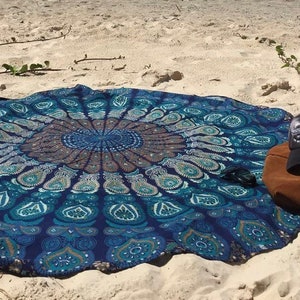 Round Picnic Blanket Mandala Handmade Round Beach Throw Tapestry Wall Hang Boho Cotton Tablecloth, Round Yoga Sheet 70&quot;