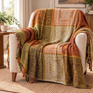 Luxury Orange & Olive Green Chenille Throw Blanket, Boho Jacquard Sofa Throw, Woven Bed Throw, Decorative Couch Blanket, Bohemian Home Decor