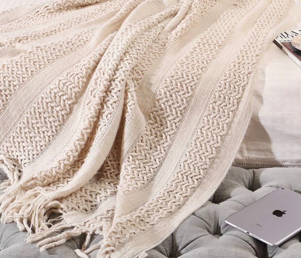 Knitted BEIGE Throw Woven Couch Throw Soft Cosy Bed Armchair Blanket Comfy Hand Knitted Throw Gifts Christmas GiftGifts for Her/Him