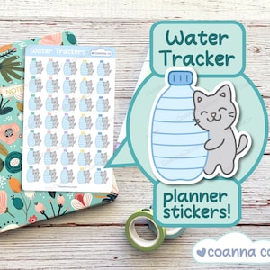 Water Tracker Planner Stickers, Kawaii Cat Drink Water Reminder, Bujo Functional Sticker Sheet, Bullet Journal Planner, Cute Tracking Decal