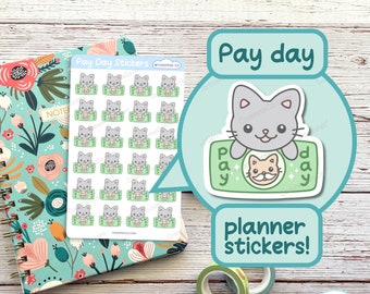 Pay Day Planner Stickers, Kawaii Cat Money, Bujo Functional Sticker Sheet, Bullet Journal Planner, Cute Finance Organizer, Paycheck Day