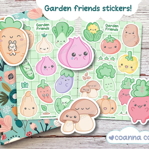 Garden Friends Sticker Sheets, Cute Kawaii Vegetable Character Stickers, Veggie Bujo & Planner Decorating Stickers, Bullet Journal Deco Art