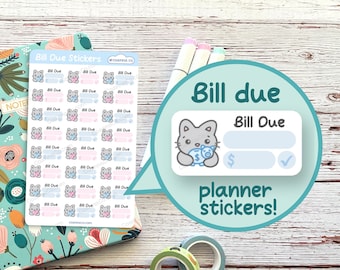 Bill Due Planner Stickers, Kawaii Cat Bill Pay Reminder, Bujo Functional Sticker Sheet, Bullet Journal Planner, Cute Finance Organizer Decal