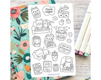 Color Your Own Movie Night Sticker Sheet, Kawaii Cats TV Night, Bujo Journal Adult Coloring for Alcohol Markers & Colored Pencil, Kids Gift