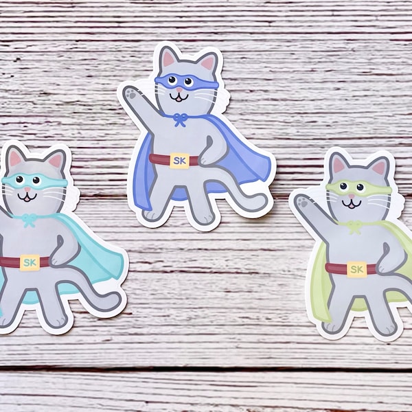 Super Kitty With Cape Stickers in 3 Colors | Easy Peel | Waterproof & Glossy, Cat Lovers Gift Idea, Cat Mom Sticker for Water Bottle, Kawaii