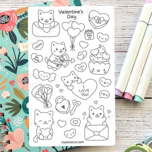 May include: A sheet of black and white Valentine's Day stickers featuring cute cats, hearts, and other romantic imagery. The stickers are perfect for adding a touch of whimsy to your planner, journal, or scrapbook.