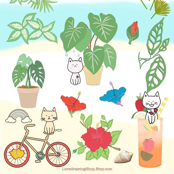 Tropical Vibes Digital Sticker for GoodNotes & Individual PNG files // Cat stickers/ Tropical Plants stickers