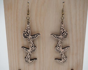 Wood Butterfly Dangle Earrings Laser Cut Nature Jewelry Handmade Lightweight Gift for Her