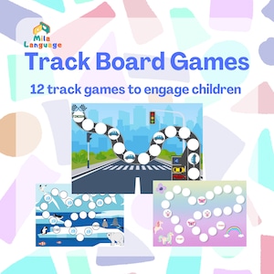 May include: Three colourful game boards with different themes. The first board is a city street with a blue car track. The second board is a winter scene with a penguin track. The third board is a pink and purple fantasy scene with a unicorn track. The text on the boards reads "FINISH" and "START".
