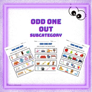 Może przedstawiać: Edukacyjny arkusz ćwiczeń dla dzieci zatytułowany "Odd One Out" z kolorowymi ilustracjami. Arkusz zawiera trzy sekcje z różnymi przedmiotami, zaprojektowane, aby pomóc dzieciom zidentyfikować element, który nie pasuje. Widoczny jest również tekst "Circle the object that does not belong".