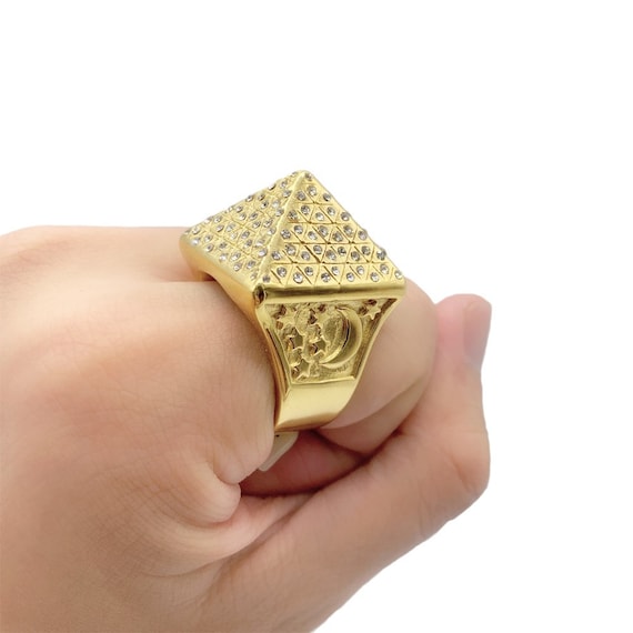 THE BLING KING XXL Gold Pyramid Ring with Stones - Adjustable Ring for Men  with Real Gold Plating - Premium Gold Fashion Ring - Men's Unique Jewellery Gold  Ring Gift for Anniversary