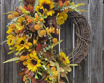 Fall Front Door Wreath, Sunflower Wreath