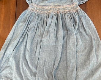 Vintage 1990s Polly Flinders Blue Chambray Smocked Dress Size 5 Size 3T