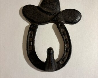 Vintage Look Cast Iron Horse Shoe Cowboy Hat Hook Key Holder