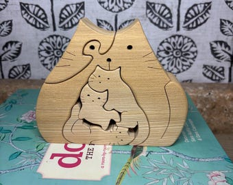 Handmade Wooden Cat Family Puzzle, Montessori Toy