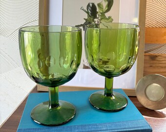 2 Vintage Bartlett Collins Thumbprint Goblets Green