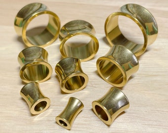 Gold Thick Double Flared Saddle Tunnel Plug • Sold as Pair • Gold PVD Plated 316L Surgical Steel • Hand Polished