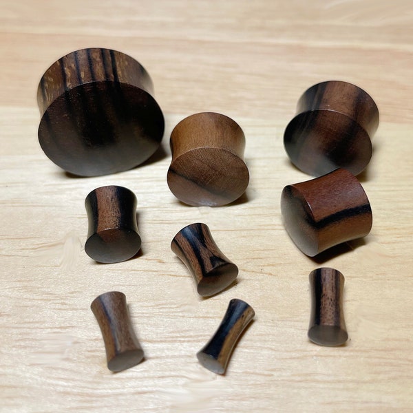 Striped Ebony Wood Saddle Convex Plugs • Sold as Pair • Striped Ebony Wood