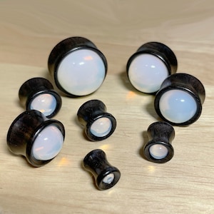 Opalite Stone Double Flared Ebony Wood Saddle Plugs • Sold as Pair