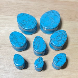 Turquoise Semi Precious Stone Tear Drop Double Flared Saddle Tunnel • Sold as Pair